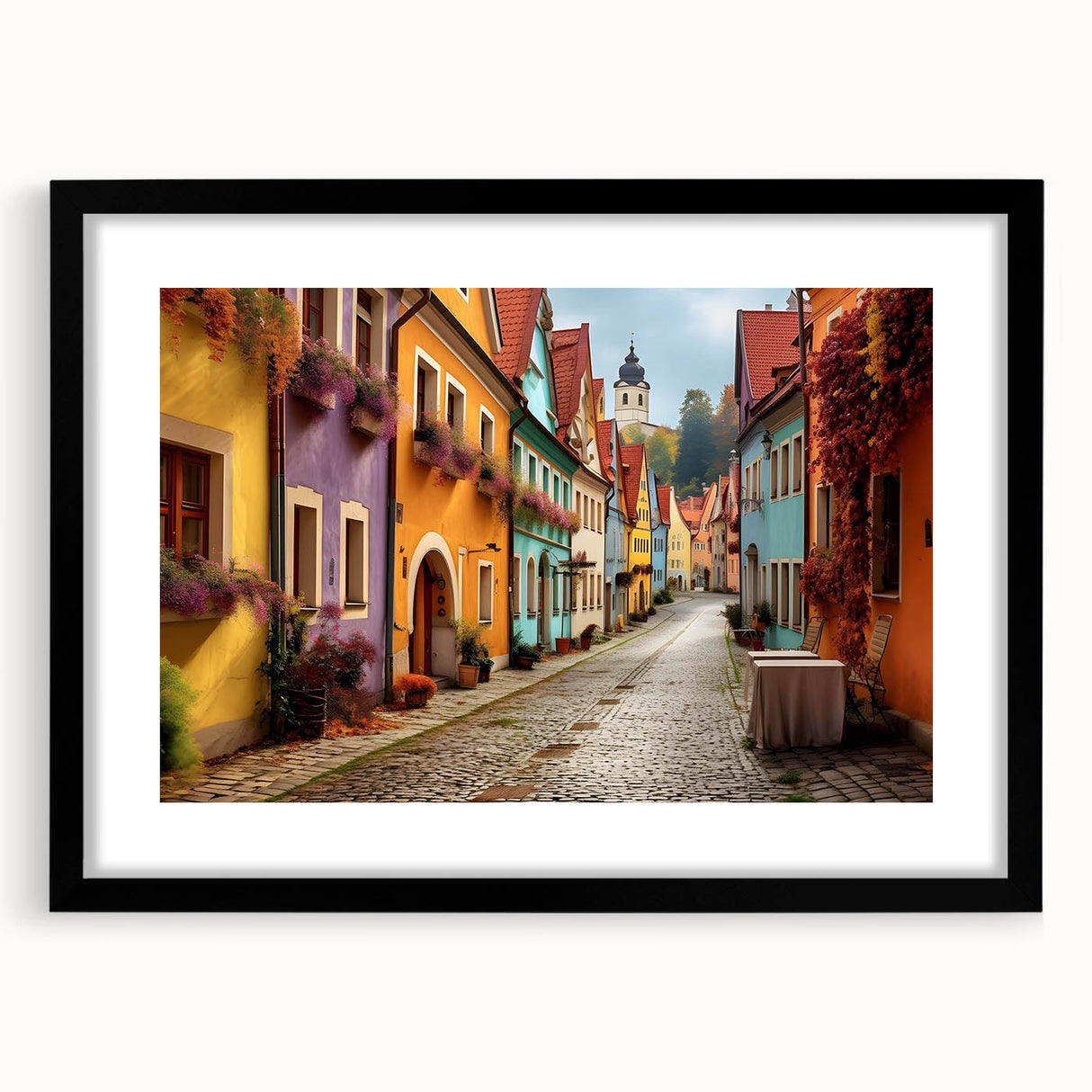 Framed black wall art featuring a modern landscape street design, showcasing vibrant colors and intricate details, perfect for contemporary home decor.
