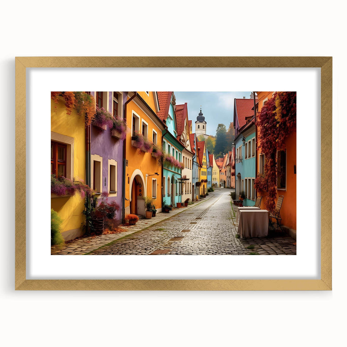 Elegant gold-framed wall art showcasing a stylish landscape design, featuring soft pastel colors and intricate details, perfect for enhancing modern home decor.