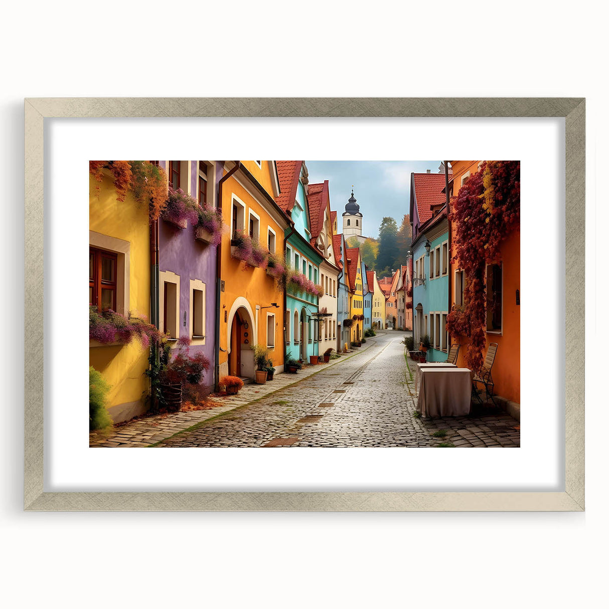 Framed wall art featuring a vibrant street landscape design in a sleek silver frame with a mat, ideal for home decor. Perfect for modern interiors, showcasing urban artistry.