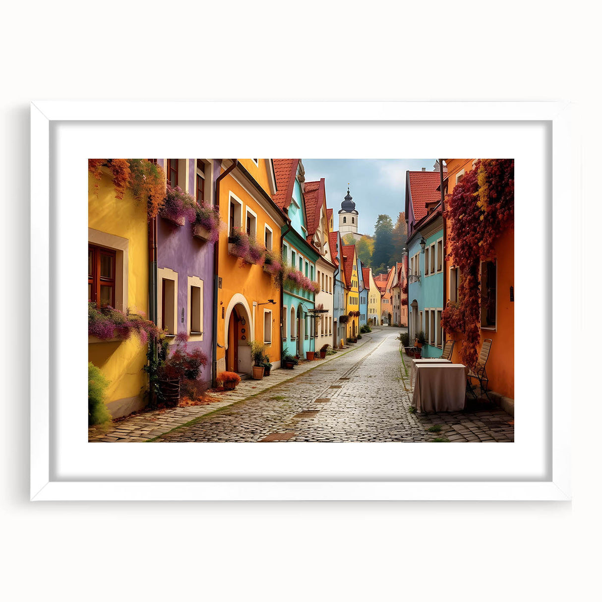 Framed wall art showcasing a serene landscape design with vibrant colors and intricate details, featuring a white mat and sleek frame, perfect for home decor.