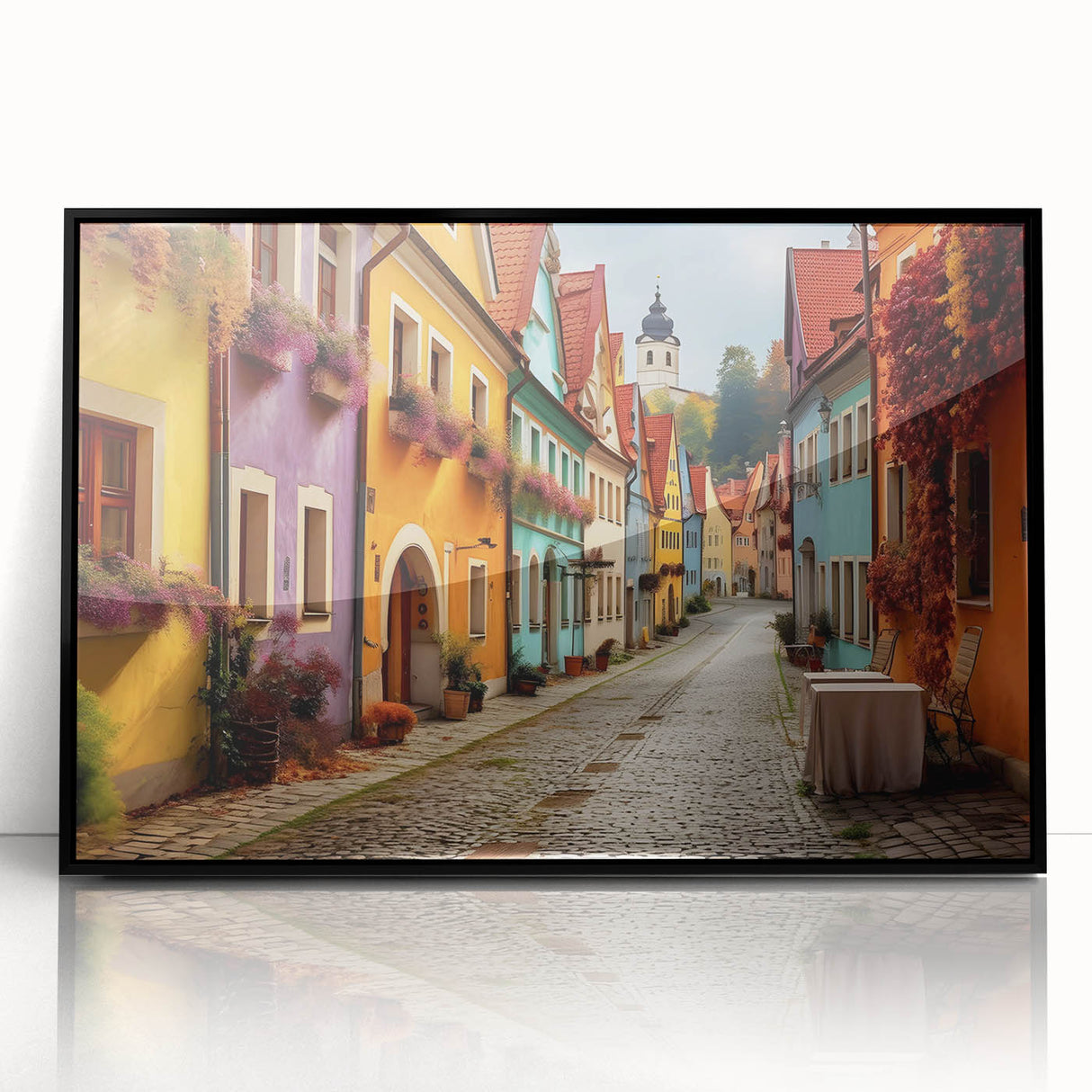 Framed acrylic wall art showcasing a modern street landscape design in black, perfect for contemporary home decor. The piece features a sleek front view, enhancing any room's aesthetics.