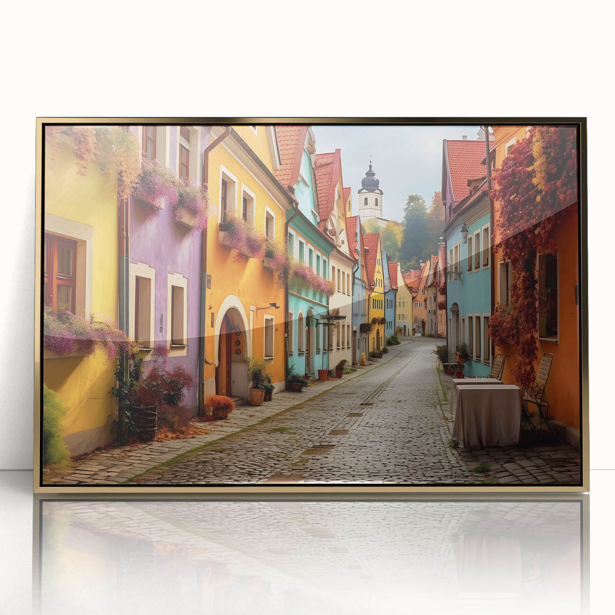 Framed wall art showcasing a modern landscape design with vibrant colors and gold accents, perfect for enhancing home decor and creating an elegant atmosphere.