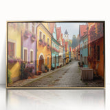 Framed wall art showcasing a modern landscape design with vibrant colors and gold accents, perfect for enhancing home decor and creating an elegant atmosphere.