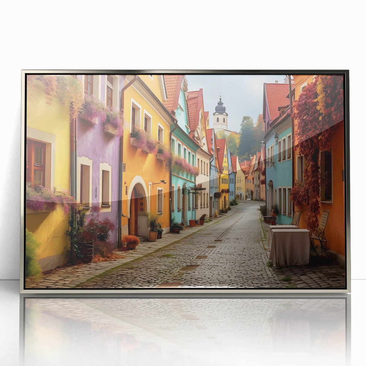 Framed wall art collection featuring a silver-accented landscape design, showcasing vibrant colors and intricate details, ideal for enhancing modern home décor.