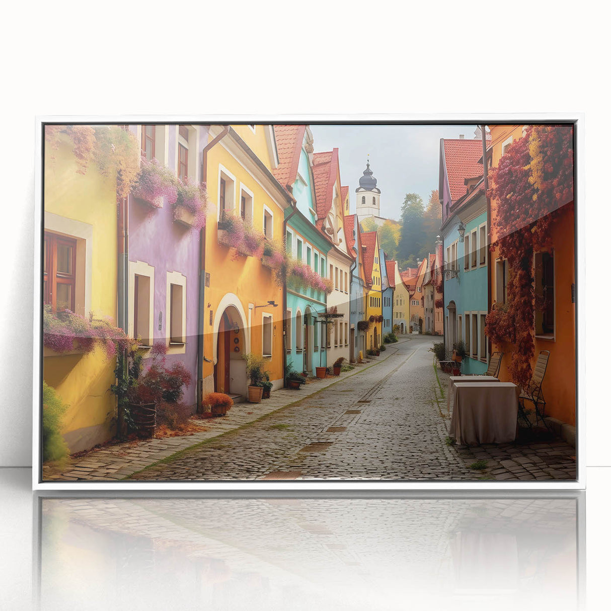 Framed acrylic wall art featuring a vibrant street landscape design with a white frame, perfect for modern home decor. Ideal for enhancing interior spaces.
