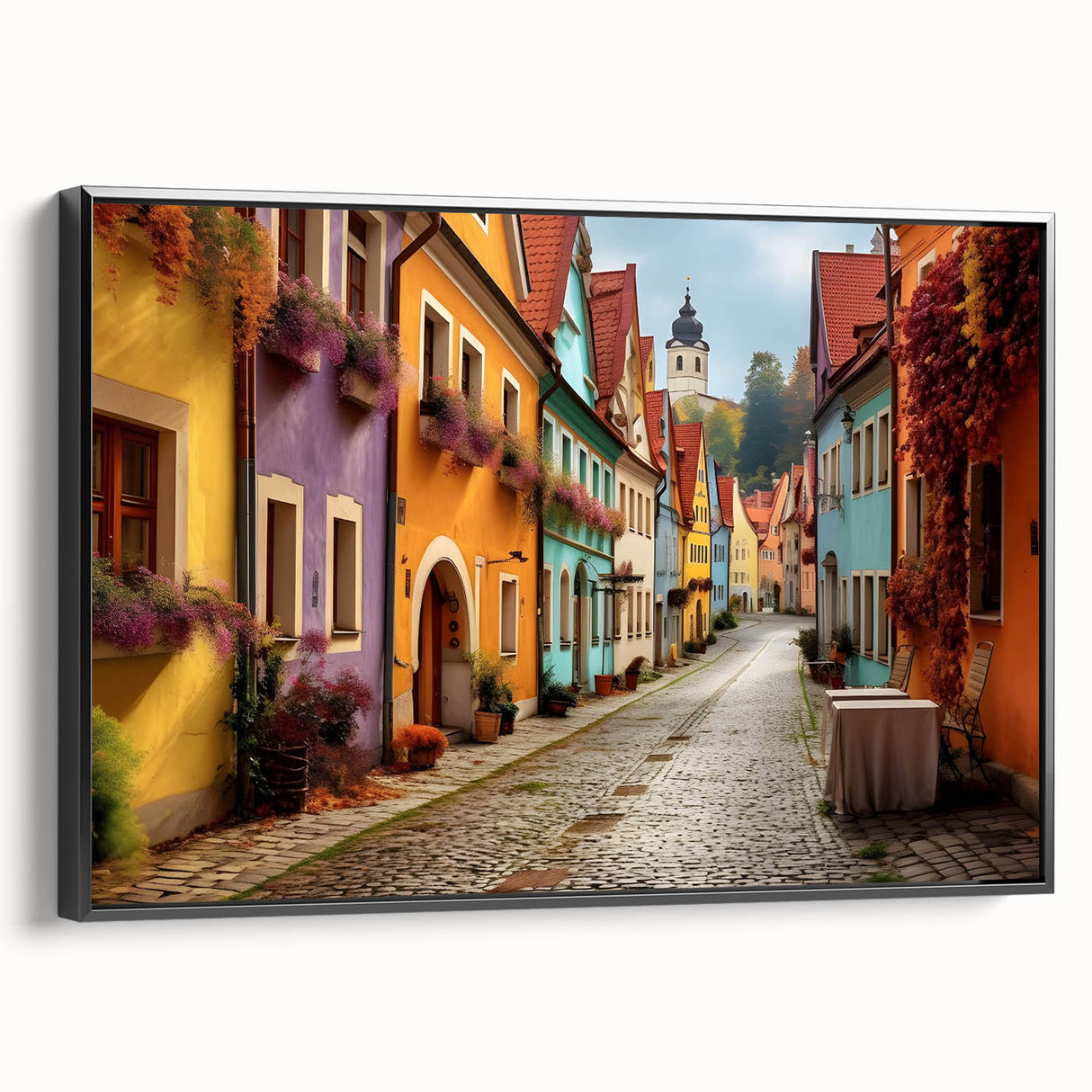 Framed canvas wall art showcasing a vibrant street landscape design in black, highlighting intricate details and textures for modern decor. Ideal for contemporary interiors.