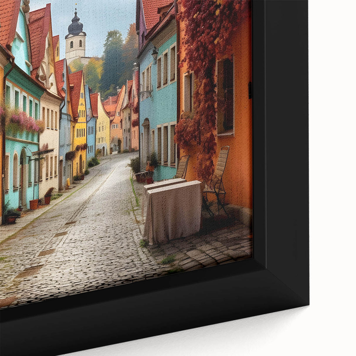 Close-up of a framed canvas featuring vibrant street landscape design with colorful urban elements, showcasing artistic details for contemporary wall decor.