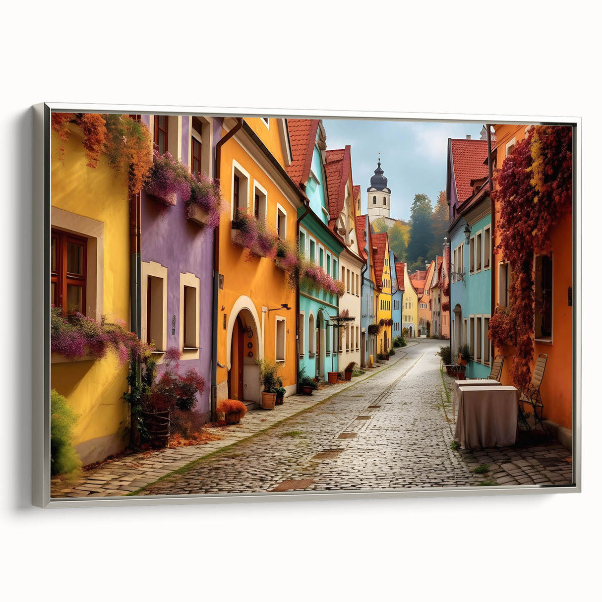 Framed canvas wall art featuring a modern landscape design with silver accents, showcasing vibrant colors and intricate details, perfect for contemporary home decor.