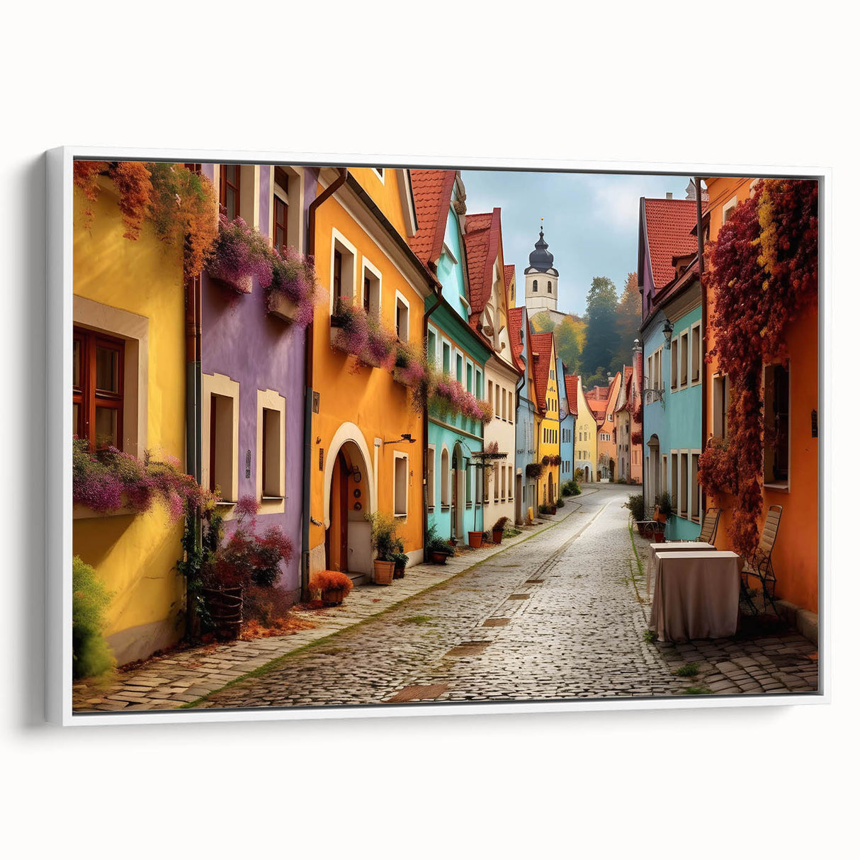 Framed canvas wall art showcasing a serene street landscape design, featuring vibrant colors and intricate details, ideal for modern home decor enhancement.