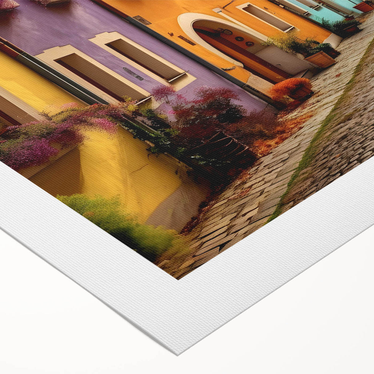 Rolled canvas showcasing a vibrant cityscape design with colorful buildings and streets, ideal for modern home decor. Packaged securely in a cardboard tube for delivery.