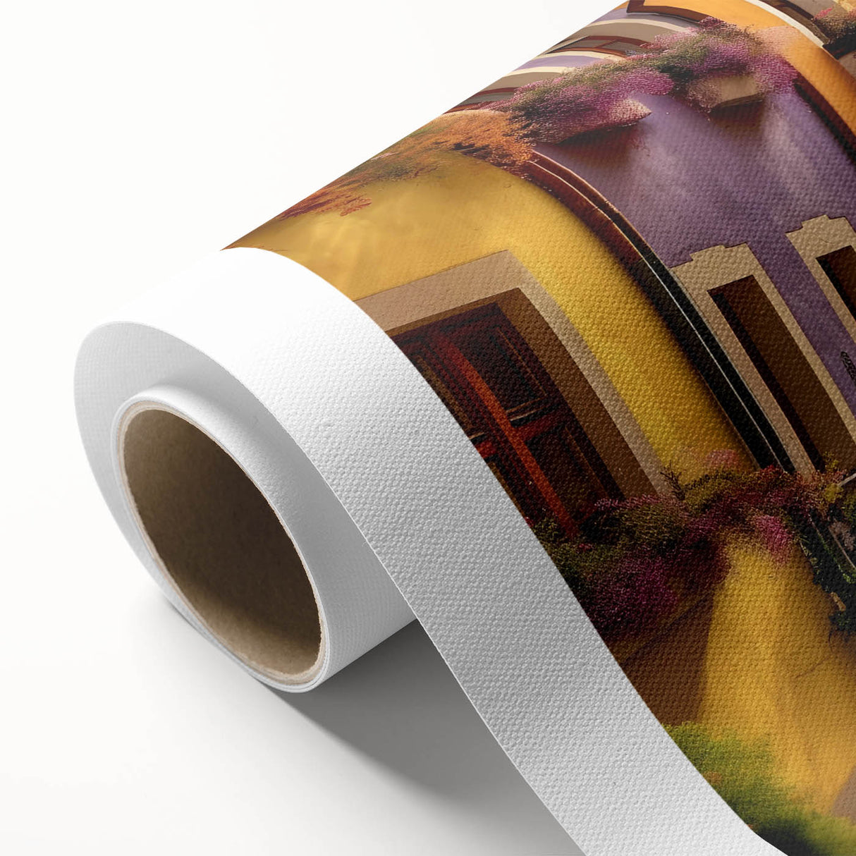 Rolled canvas wall art showcasing a vibrant cityscape design, featuring bold colors and intricate street details, perfect for modern home decor.