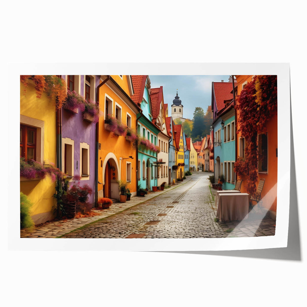 Vibrant rolled print of a cityscape wall art design, showcasing intricate street details with rich colors, rolled for easy shipping and display. Perfect for modern decor.