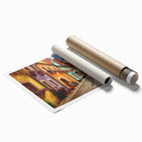 Rolled print showcasing a vibrant cityscape wall art design, featuring bold colors and intricate details, packaged securely in a protective cardboard tube for easy transport.