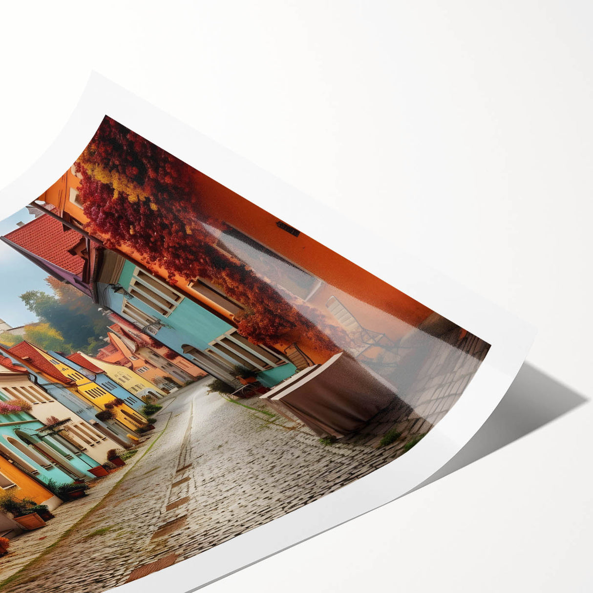 Rolled print of a vibrant urban landscape wall art design showcasing colorful street scenes, ideal for contemporary home decor, packaged securely for delivery.