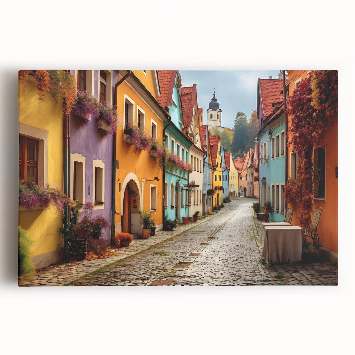 Stretched canvas wall art featuring a vibrant urban landscape design with colorful streets and buildings, ideal for modern home decor and interior styling.