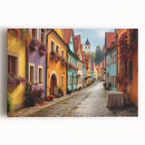 Stretched canvas wall art featuring a vibrant urban landscape design with colorful streets and buildings, ideal for modern home decor and interior styling.