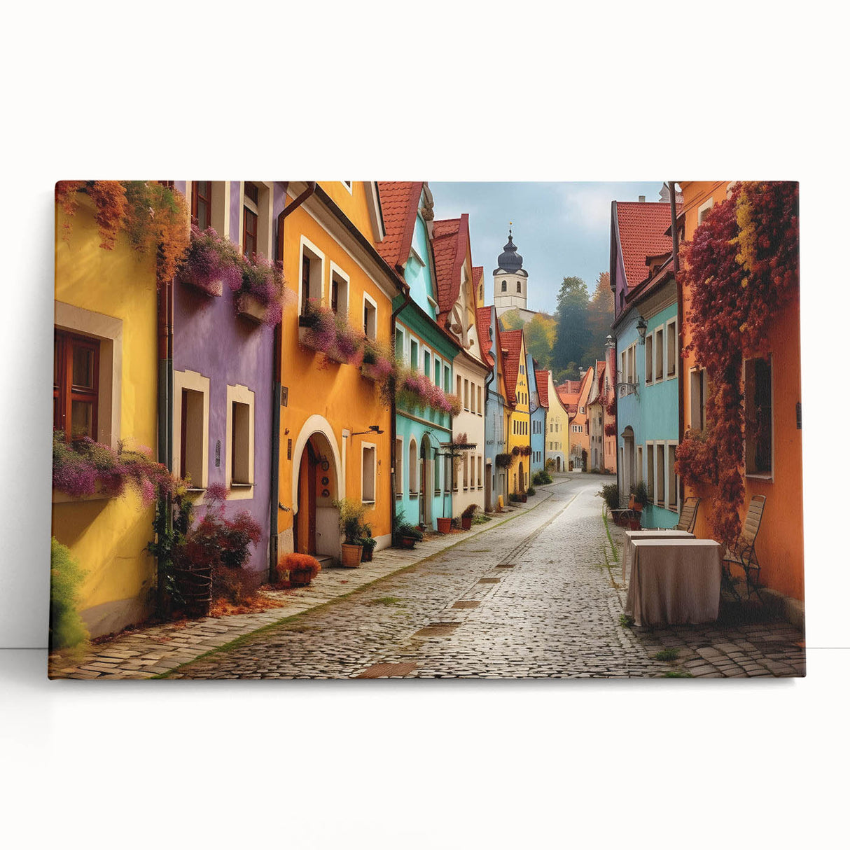 Stretched canvas wall art featuring a vibrant urban landscape design, showcasing colorful streets and architectural details, perfect for modern home decor.