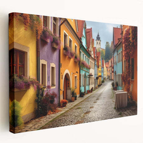 Stretched canvas wall art showcasing a vibrant street landscape design with bold colors, perfect for modern decor. Ideal for enhancing living spaces.