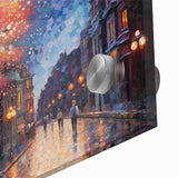 Vibrant close-up of an acrylic glass wall art piece showcasing a colorful street landscape design. Ideal for modern home decor, this artwork brings urban charm to any space.