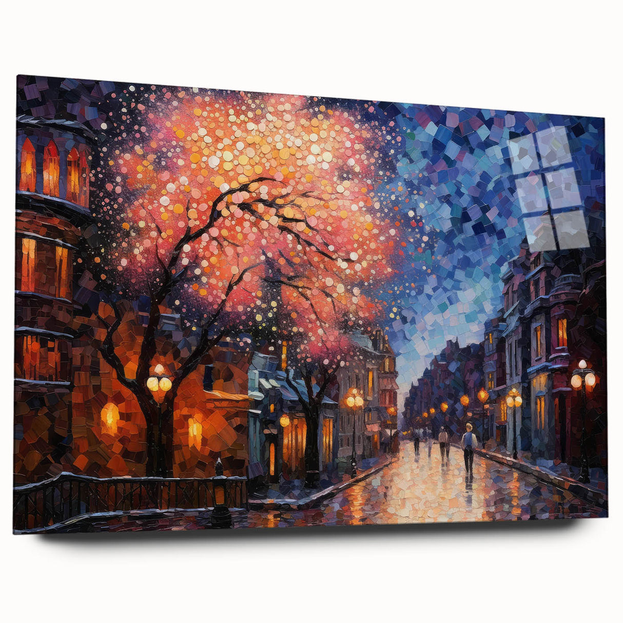 Acrylic glass wall art collection showcasing a vibrant street landscape design, featuring a side view without pins. The artwork emphasizes colorful urban elements and intricate details, ideal for modern decor.