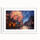 Elegant framed wall art featuring a street landscape design, displayed with a white mat and a sleek frame, ideal for modern home decor and interior styling.