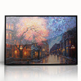 Framed wall art featuring a modern street landscape design in vibrant colors, showcasing a black frame and acrylic glass, ideal for contemporary home decor.