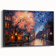 Framed canvas wall art showcasing a vibrant street landscape design with intricate details, set against a black frame, perfect for modern home decor.