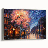 Framed canvas wall art featuring a serene landscape with vibrant colors and intricate details, showcasing a silver frame that enhances the artwork's elegance. Ideal for modern decor.