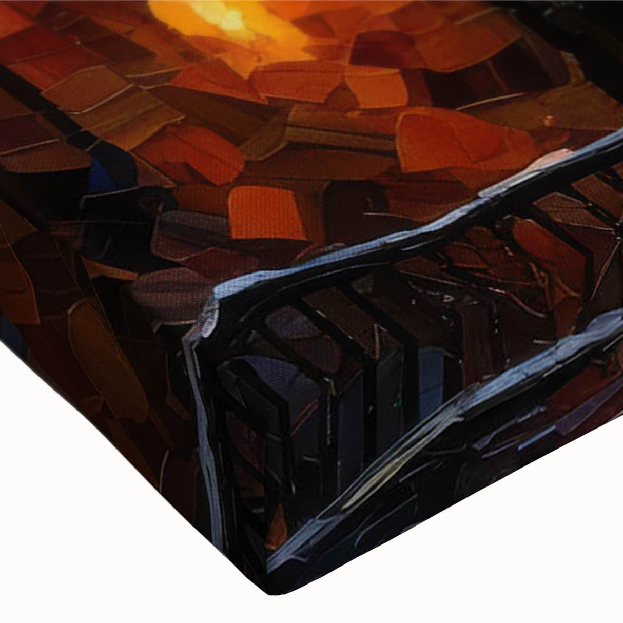 Close-up of a stretched canvas featuring a vibrant landscape street design, showcasing intricate details and rich colors, perfect for home decor and art enthusiasts.