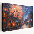 Stretched canvas featuring a vibrant cityscape artwork in rich colors, showcasing intricate street designs, perfect for modern home decor, enhancing any interior space.