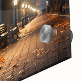 Close-up of a vibrant acrylic glass wall art piece showcasing an abstract street landscape design, featuring bold colors and intricate details, ideal for modern home decor.