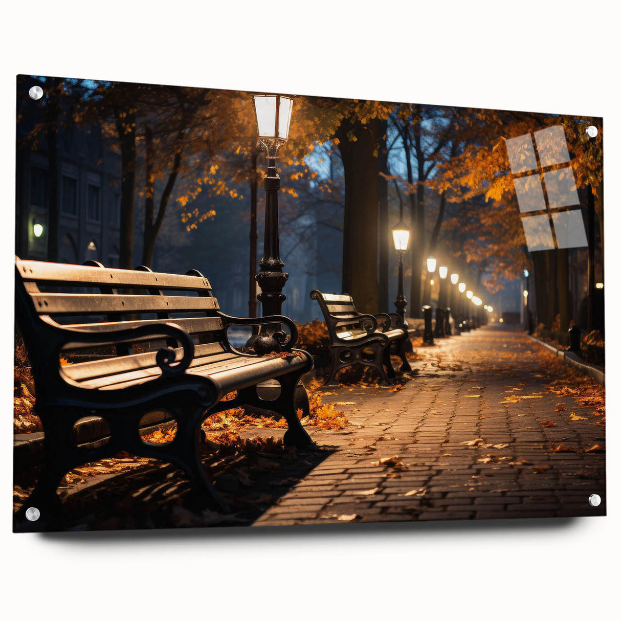 Acrylic glass wall art collection showcasing a vibrant landscape design, featuring a side view with decorative pins, perfect for modern home decor.