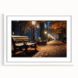 Framed wall art from the Landscapes Streets Design collection, showcasing a serene urban landscape with vibrant colors, set in a sleek white mat for an elegant touch.