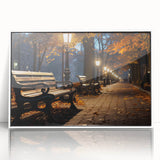 Framed acrylic wall art featuring a vibrant landscape design, showcasing colorful trees and a serene street scene, mounted in a sleek white frame for modern decor.