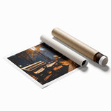 Rolled print showcasing a vibrant urban landscape design, featuring colorful buildings and streets, stored securely in a protective cardboard tube for easy display.