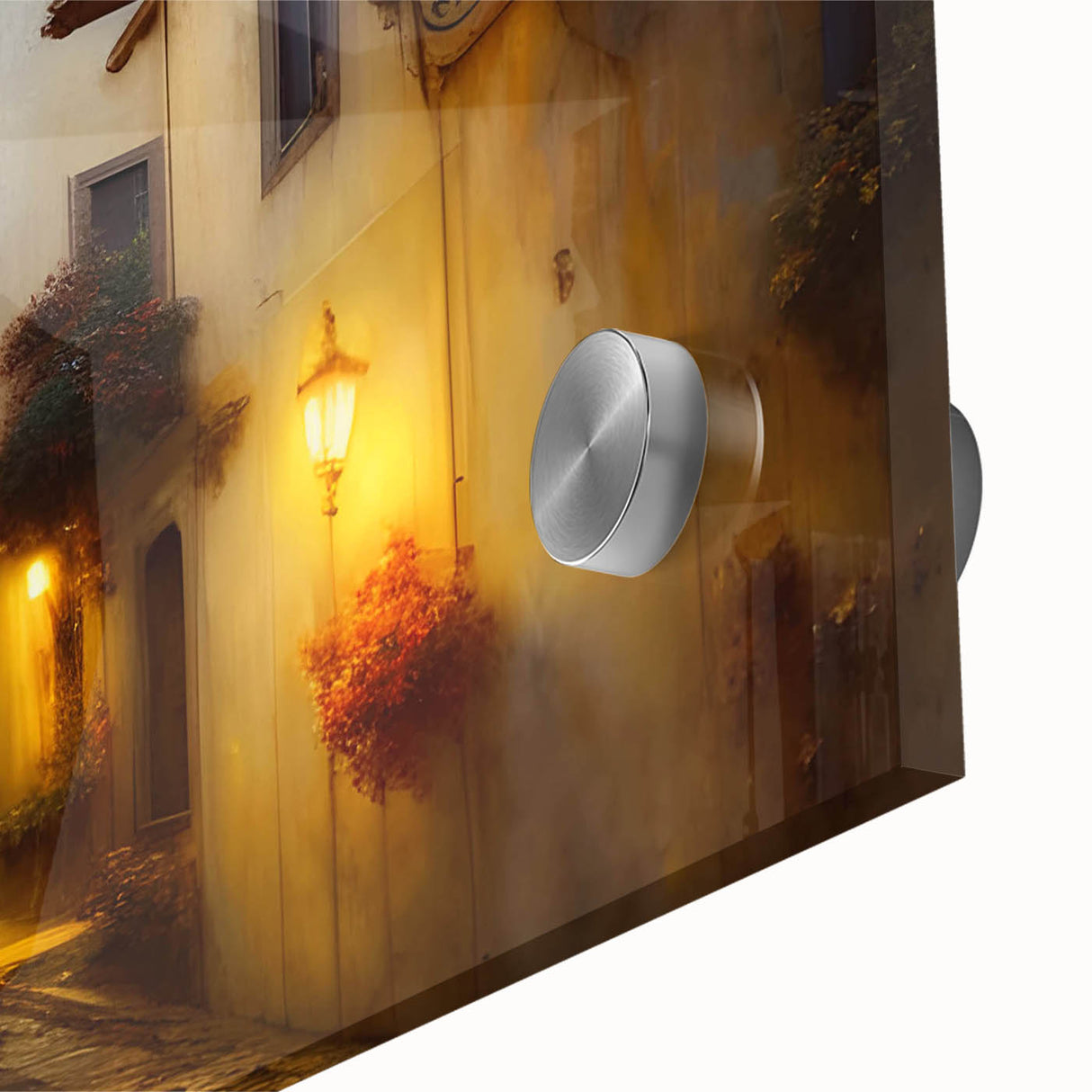 Close-up of a modern acrylic glass wall art piece showcasing vibrant landscapes and urban street designs, perfect for contemporary home decor. This collection enhances any space with its striking colors and intricate details, making it ideal for art enthusiasts.