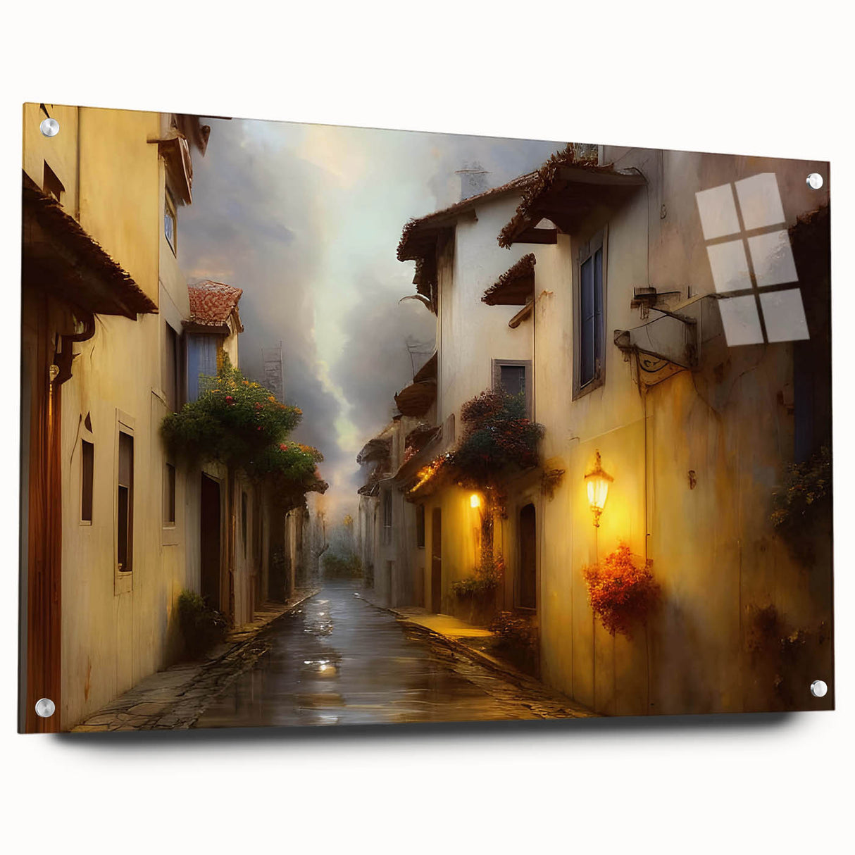 Acrylic glass wall art collection showcasing a vibrant landscape design, side view with decorative pins, perfect for modern interior decor. Ideal for enhancing living spaces with artistic flair.