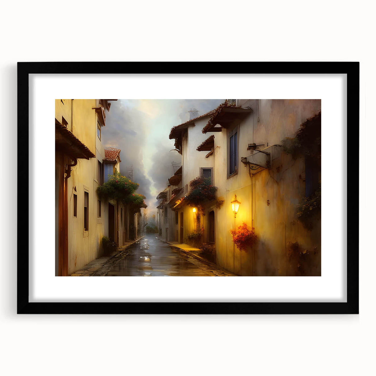 Framed black wall art showcasing a modern landscape design, featuring intricate street details and a sleek mat, perfect for contemporary home decor.