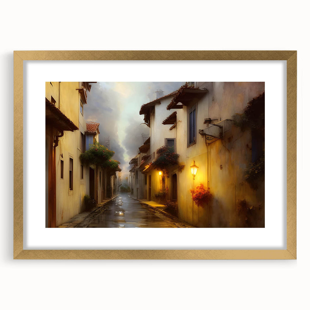 Gold-framed wall art featuring a vibrant landscape street design, elegantly matted, showcasing intricate details and colors, perfect for home decor enhancement.