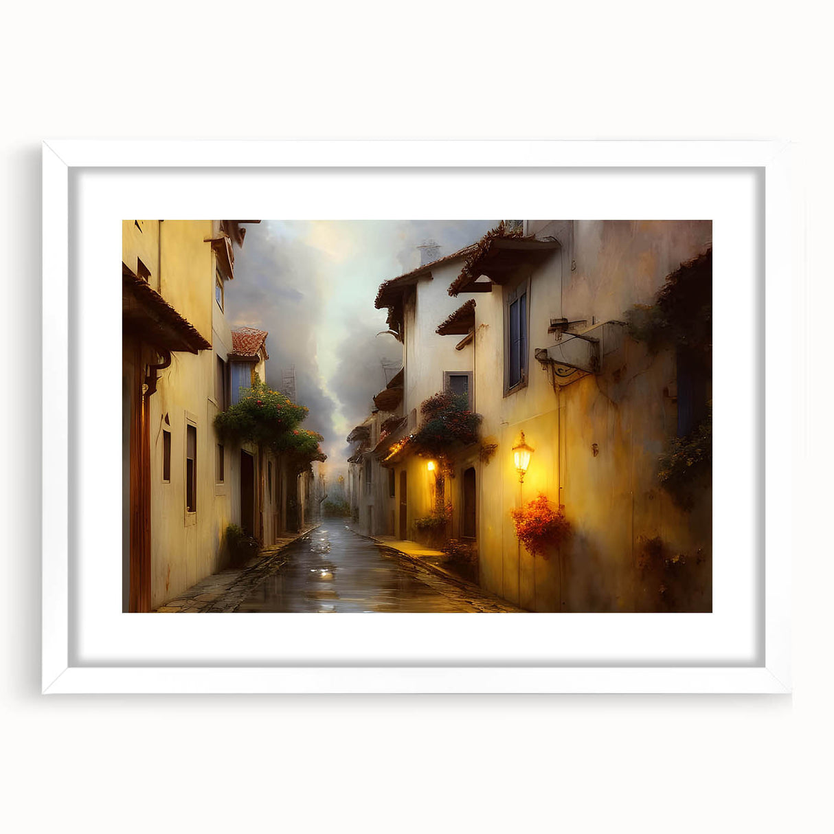Framed wall art showcasing a modern landscape design featuring vibrant colors, displayed in a sleek white mat for an elegant touch, perfect for home decor.