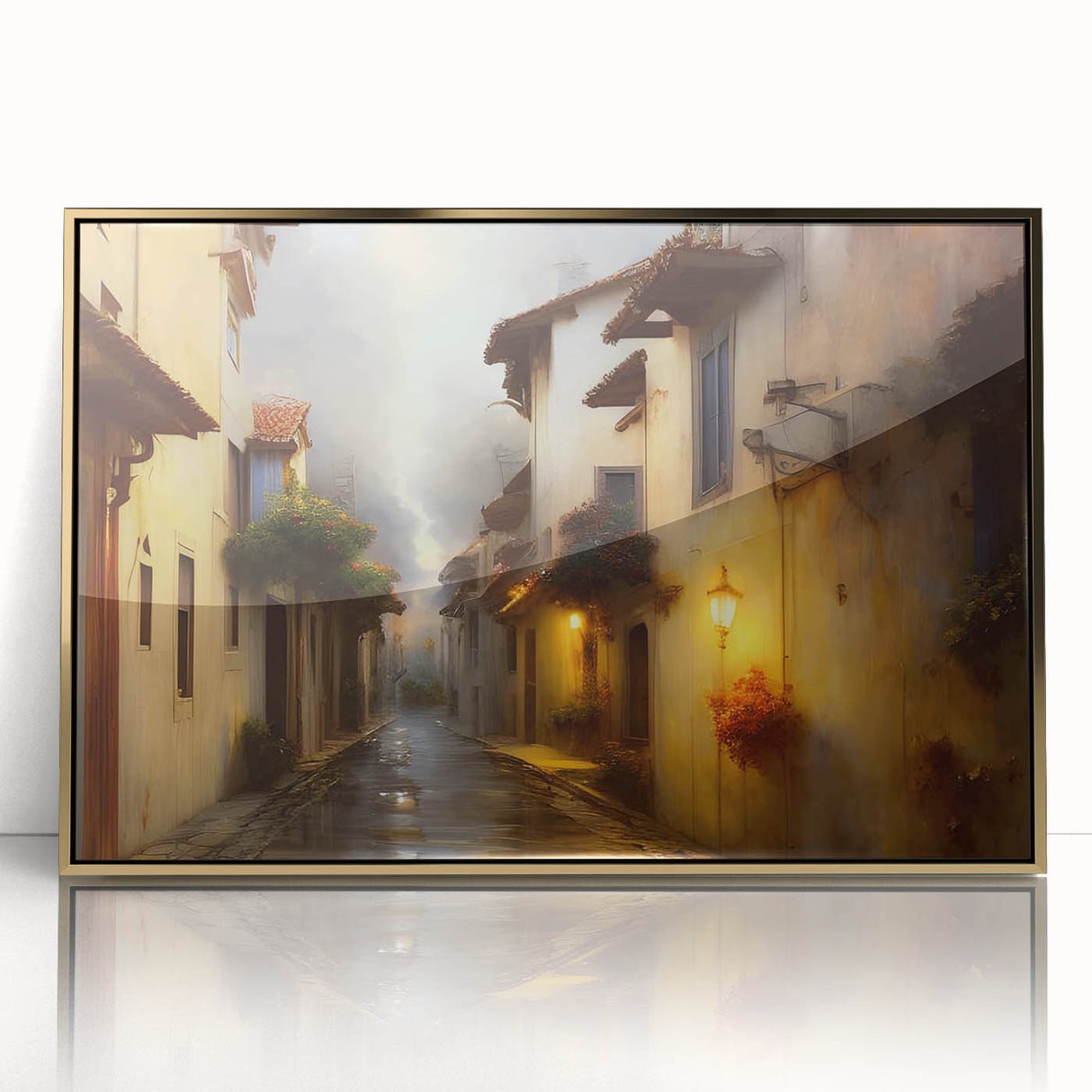 Framed acrylic wall art showcasing a modern landscape design with gold accents, perfect for enhancing home decor in contemporary settings. The vibrant colors and artistic details make it a striking focal point for any room.