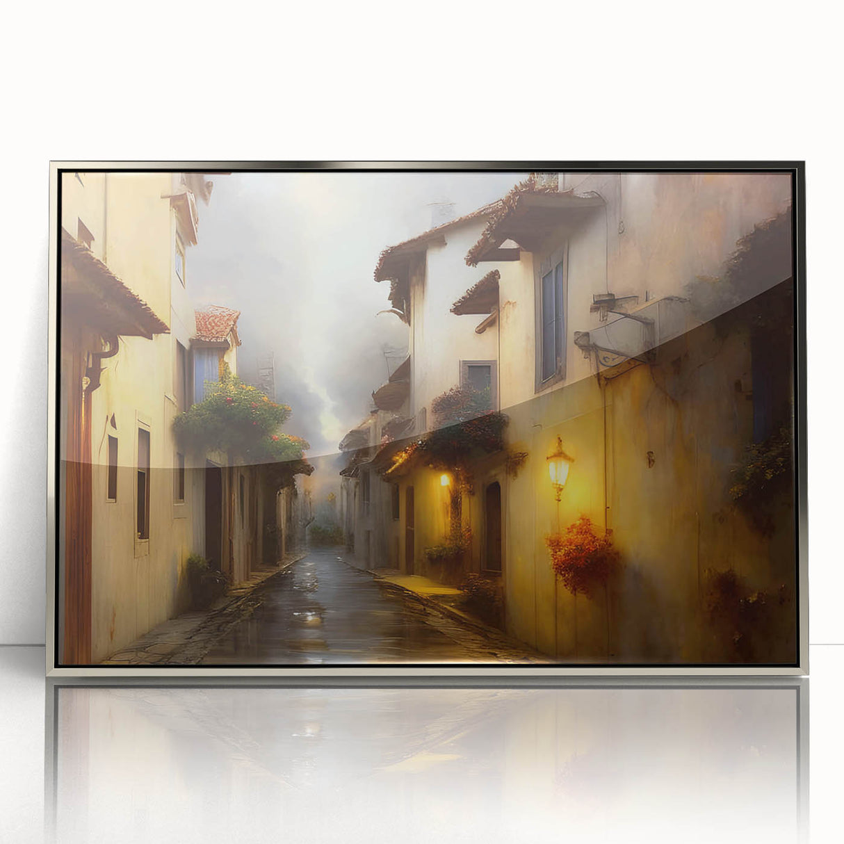 Framed acrylic wall art from the Landscapes Streets Design collection, showcasing a modern urban scene with silver accents, perfect for stylish home decor.