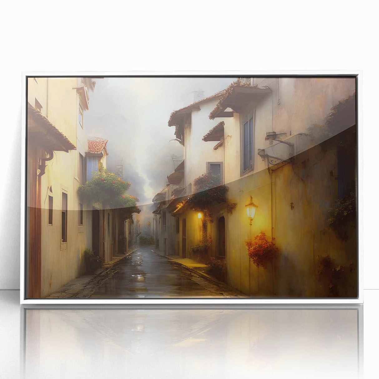 Framed acrylic wall art showcasing a vibrant urban landscape design with colorful streets and buildings. The artwork features a sleek white frame, enhancing its modern aesthetic, perfect for home or office decor.