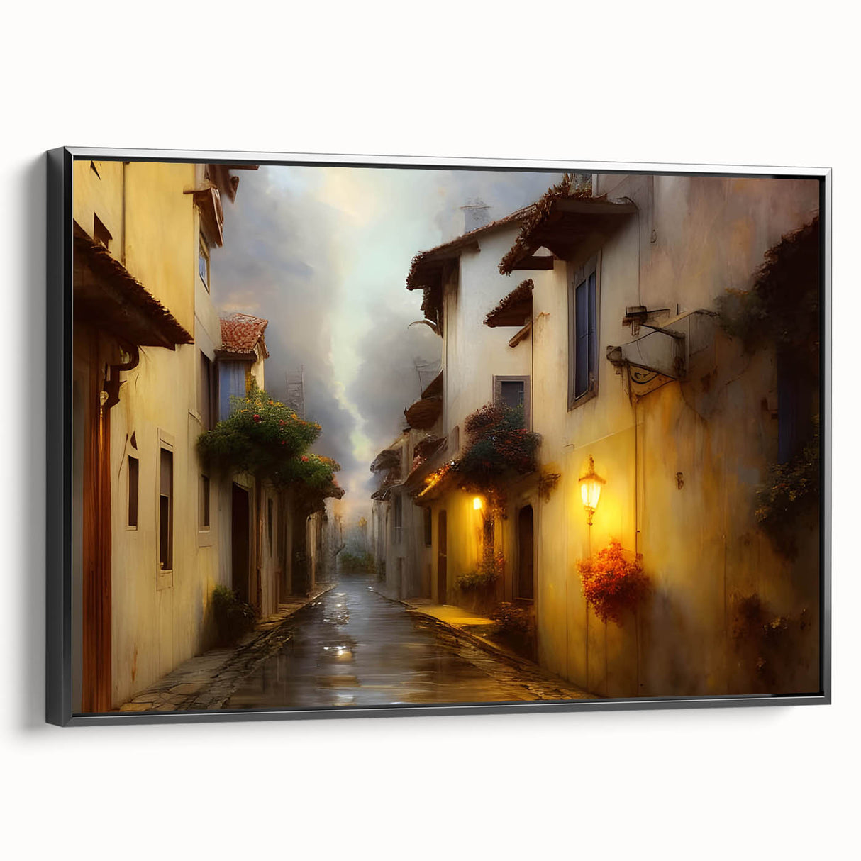 Framed canvas wall art featuring a modern landscape street design in black, showcasing intricate details and textures, ideal for contemporary home decor.