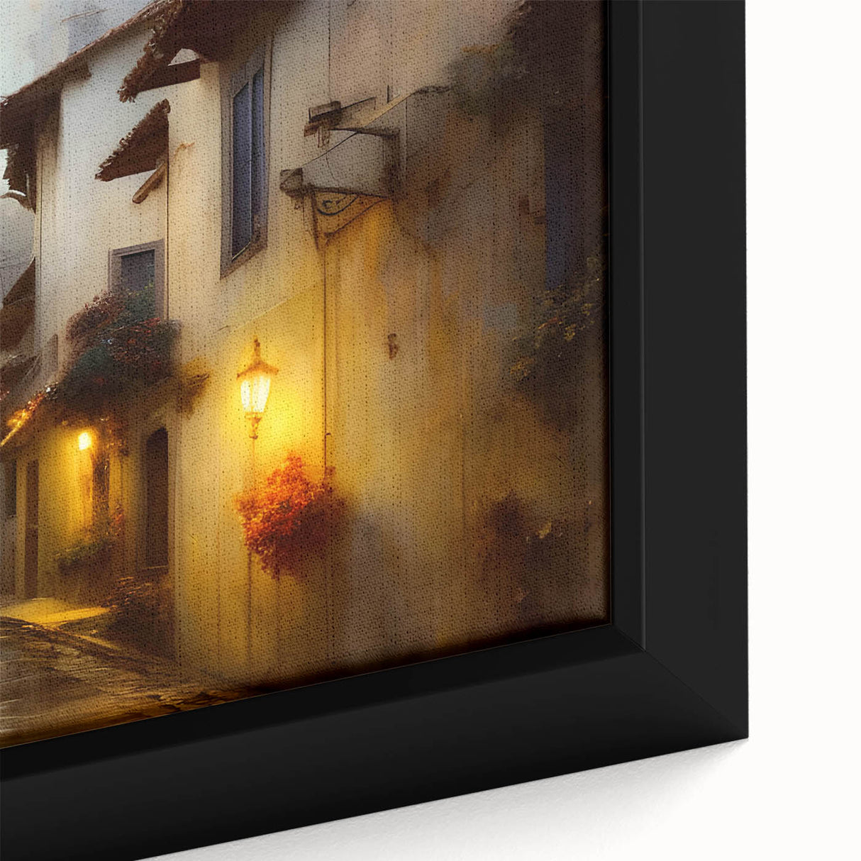 Close-up of a framed canvas showcasing an intricate street landscape design with vibrant colors and detailed textures, perfect for modern home decor.