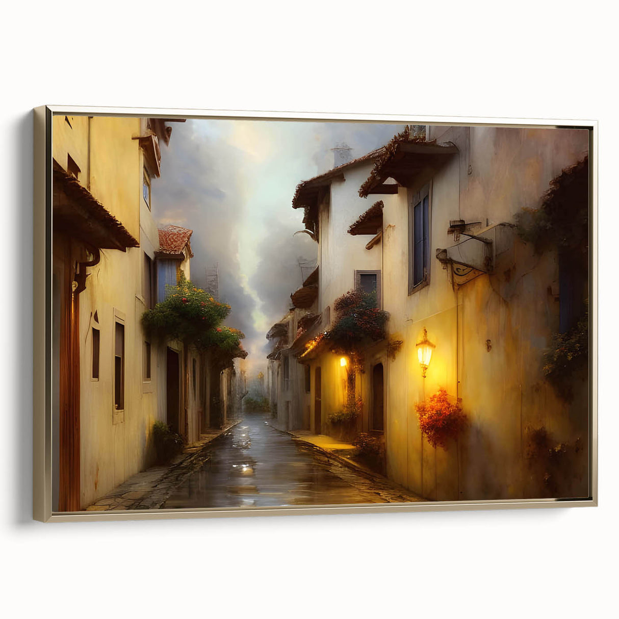 Framed canvas wall art showcasing a modern landscape design with gold accents, elegantly displayed from a side view. Ideal for enhancing contemporary home decor.