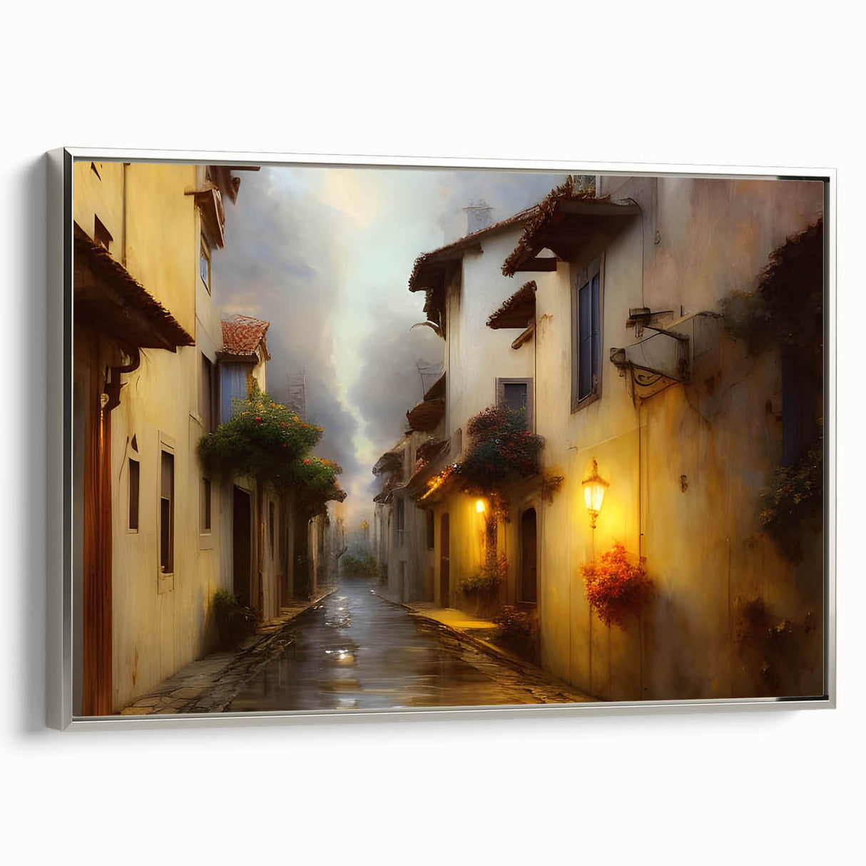 Framed canvas wall art featuring a modern street landscape design with silver accents, showcasing vibrant colors and intricate details, perfect for contemporary decor.