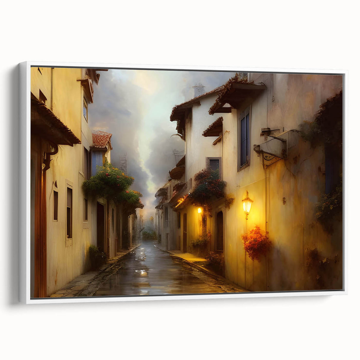 Framed wall art collection showcasing contemporary landscapes and street designs, featuring a white frame and canvas texture, ideal for modern home decor.