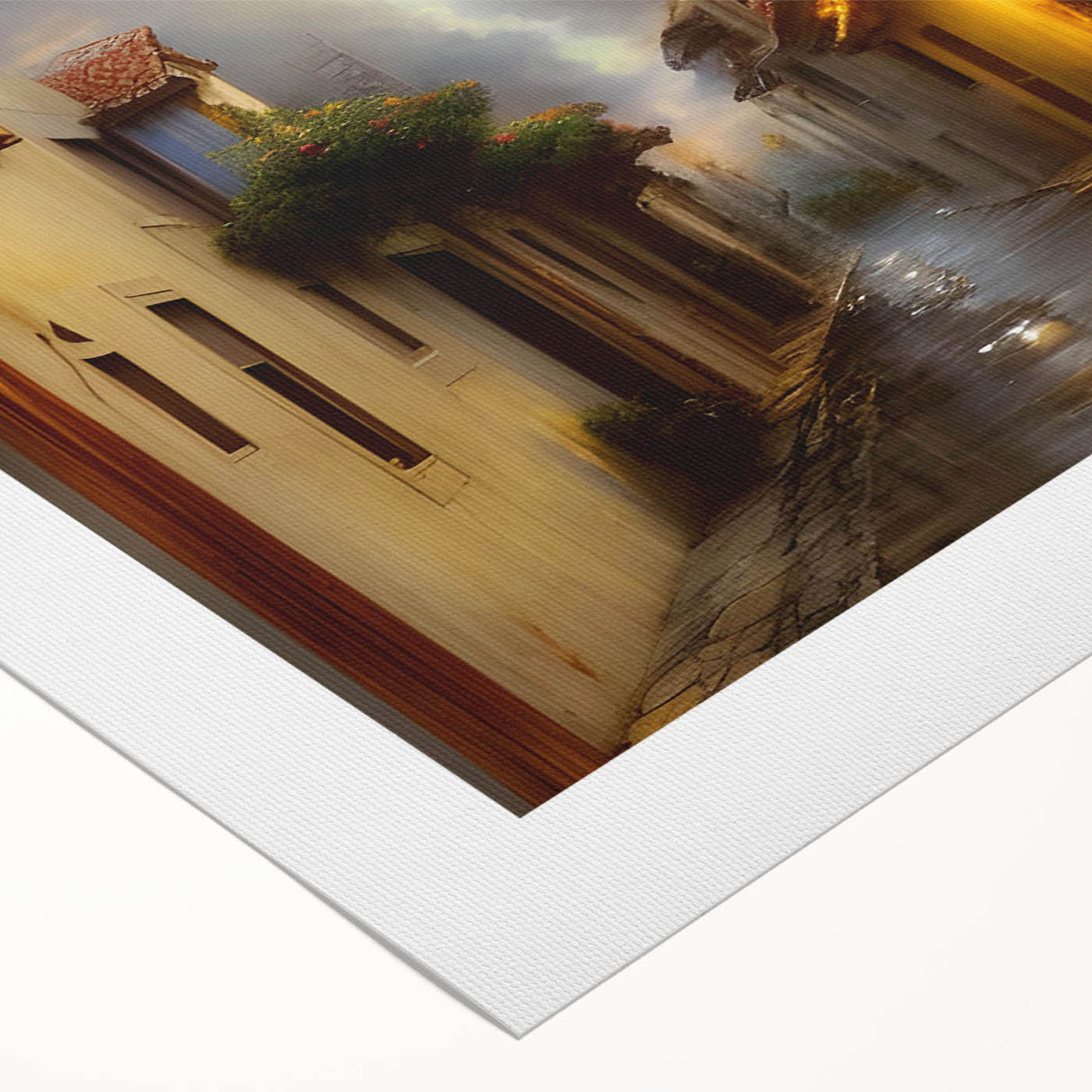 Rolled canvas showcasing a vibrant street landscape design with rich colors and intricate details, ideal for modern home decor or art collection.