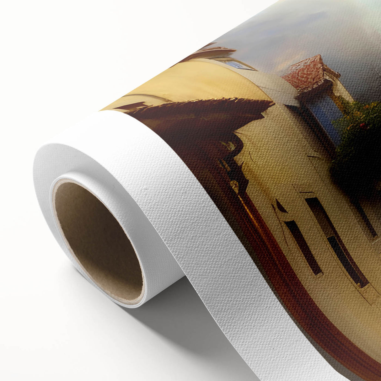 Rolled canvas artwork showcasing a vibrant urban landscape design, featuring colorful buildings and streets, ideal for modern home decor. Packaged securely in a cardboard tube for safe delivery.